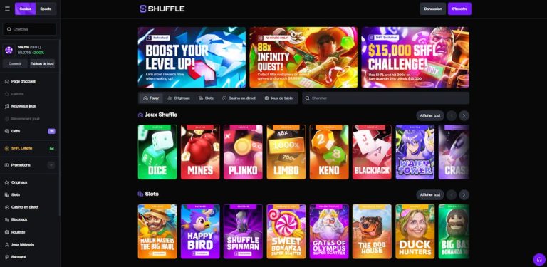 Shuffle Casino menu